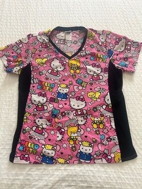 Hello Kitty Pink and Black Cartoon Print Scrub Top